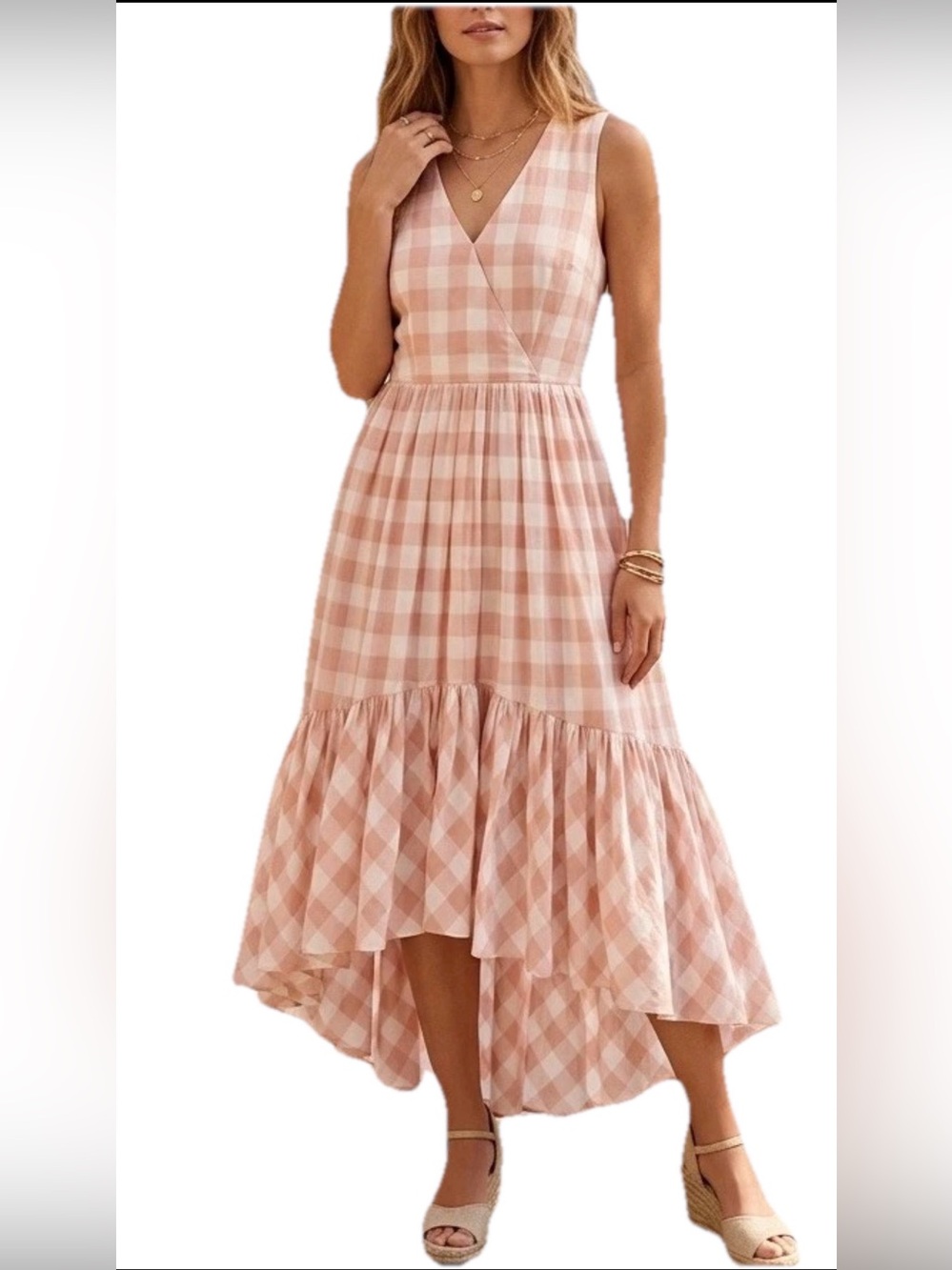 Antonio Melani Pink Dress White GINGHAM Dress Sundress Midi A-Line Summer 4 S